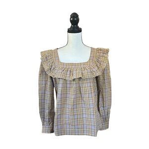 Alexa Chung Phyllis Ruffle Neck Top Brown & Yellow Plaid Cottagecore Boho Size 2